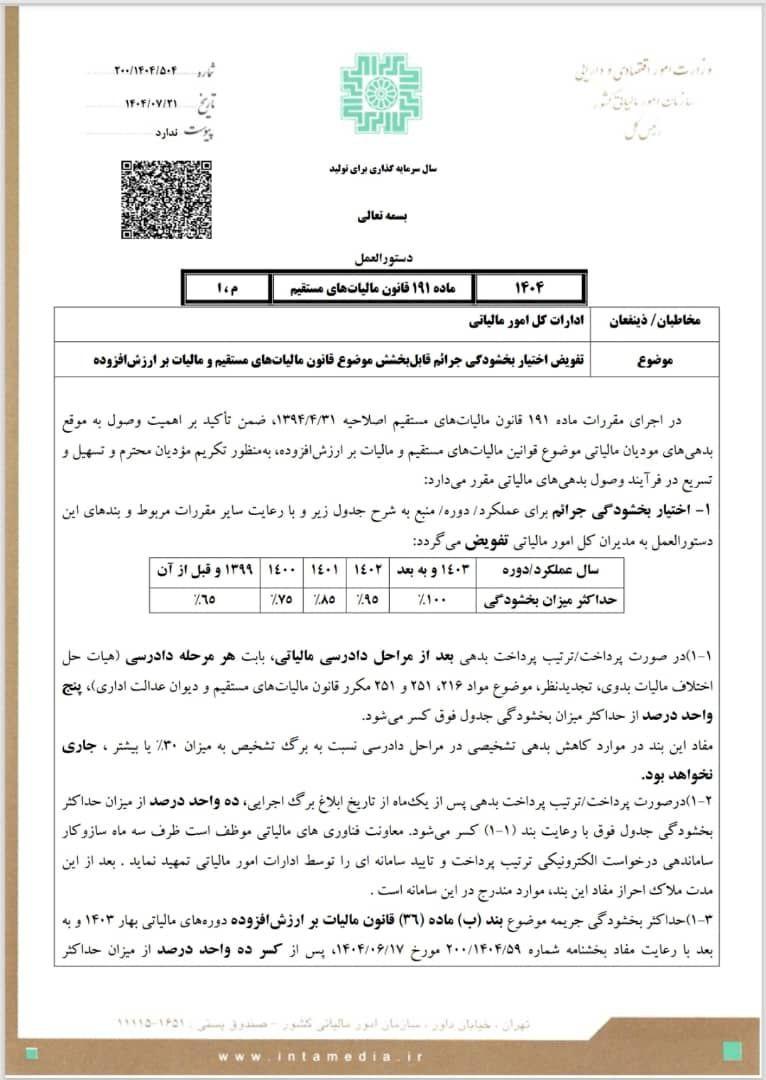 تمدید مهلت اظهارنامه ارزش افزوده تابستان ۱۴۰۴ | بخشنامه جدید سازمان امور مالیاتی + مشوق خوش‌حسابی صفحه 1