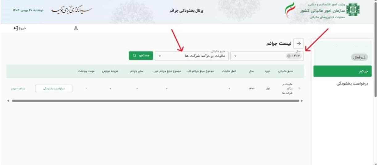 به کمک منوهای کشویی فوقانی سال ها و منابع مالیاتی مورد نظر خود را برای تفکیک انتخاب کنید